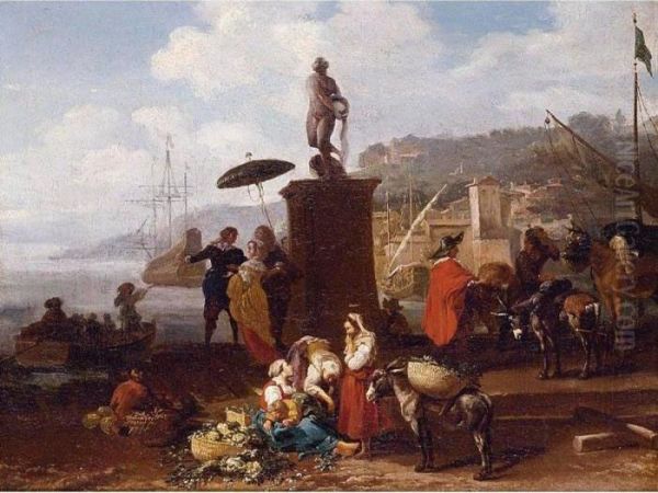 Port Scene With Figures Gathered By A Statue Oil Painting by Hendrick Mommers