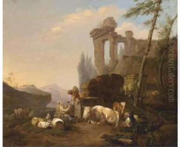 A Classical Landscape With A 
Herdsman And His Family Resting By Afountain With Their Cattle And Goats Oil Painting by Hendrick Mommers