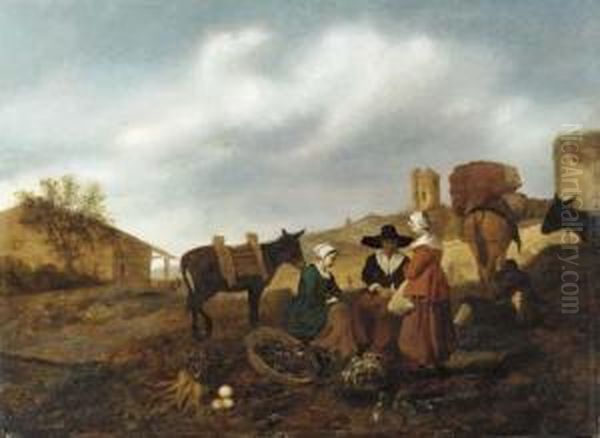 Vegetable Sellers In A Landscape, A Village Beyond Oil Painting by Hendrick Mommers