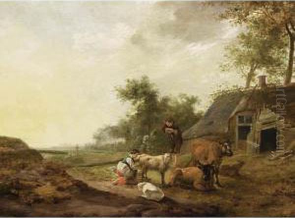 A Landscape With A Maid Milking A
 Sheep, A Shepherd Watching With Sheep And Cows, A Farm Nearby Oil Painting by Hendrick Mommers