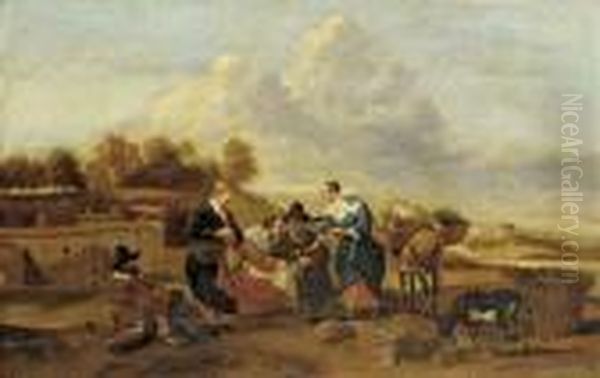 Figures In An Open-air Market Oil Painting by Hendrick Mommers