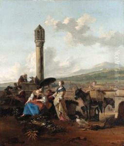 Travellers And Tradesmen Resting Before A Monument Oil Painting by Hendrick Mommers