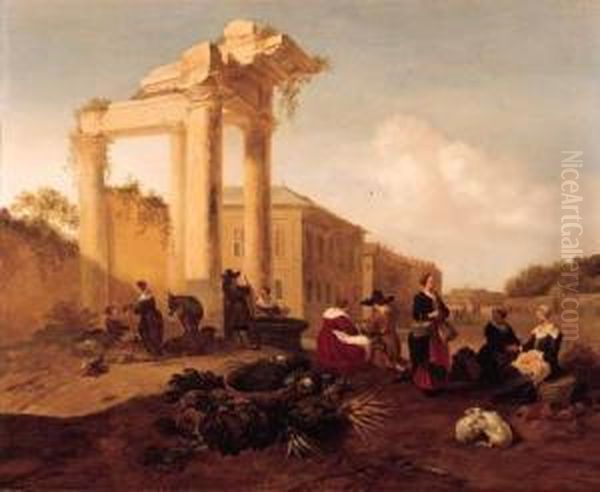 A Market Near A Fountain By A Classical Ruin In An Italianpiazza Oil Painting by Hendrick Mommers