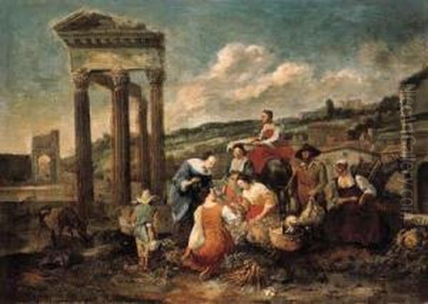 An Italianate Market By A Ruined Temple Oil Painting by Hendrick Mommers