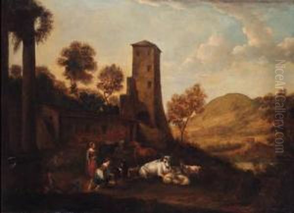 A Landscape With Maids Milking Goats By A Farmstead Oil Painting by Hendrick Mommers