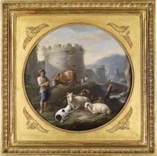 A Pair Of Landscapes Depicting The Campagnawith Shepherds And Animals Oil Painting by Paolo Monaldi