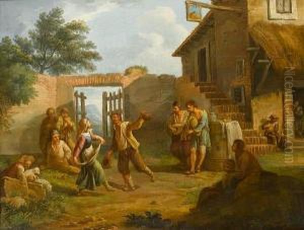 Peasants Dancing In A Courtyard Before A Country Inn Oil Painting by Paolo Monaldi