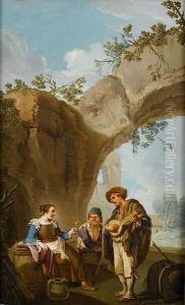 A Young Woman Holding A Glass Of
 Wine With Twocompanions Making Music Before A Stone Arch; And A Young 
Peasantwoman With Her Child And Other Peasants Seated At The Foot Of 
Atree Oil Painting by Paolo Monaldi