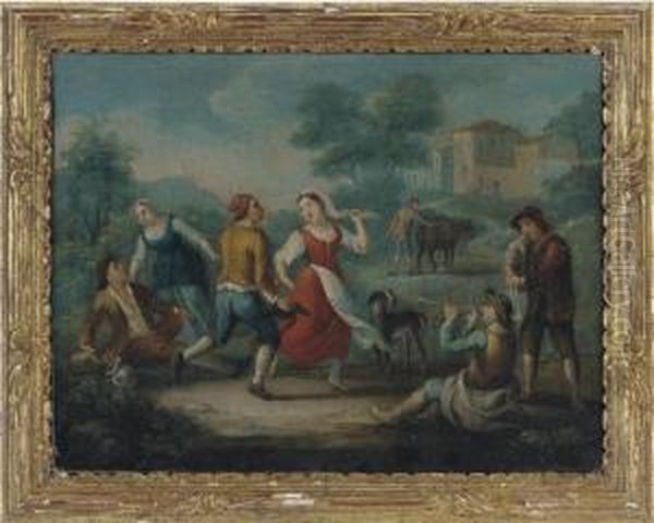 Peasants Merrymaking Outside A Village Oil Painting by Paolo Monaldi