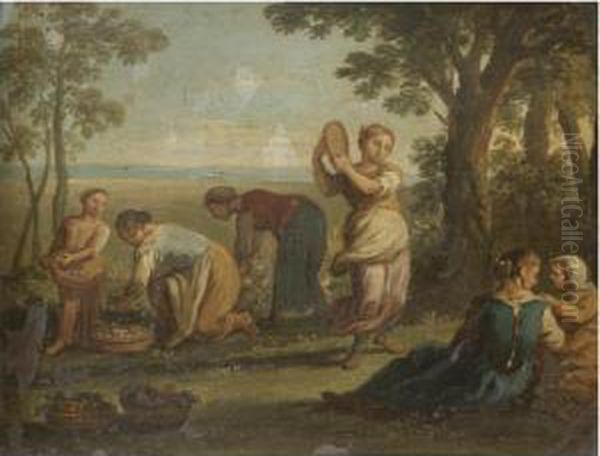 Maidens Picking Flowers And Playing A Tamburine Oil Painting by Paolo Monaldi