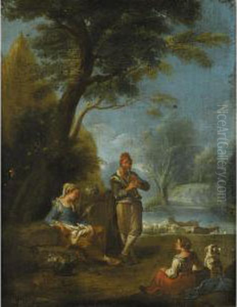 Peasants Resting And Making Music In A Landscape Oil Painting by Paolo Monaldi