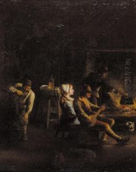 Kitchen Interior With Peasants 
Sitting Round A Fire Drinking And Playing Music Oil Painting by Paolo Monaldi