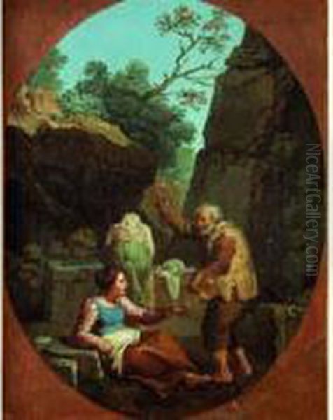 Couple De Paysans Pres D'une Fontaine Dans Un Ovale Peint Oil Painting by Paolo Monaldi