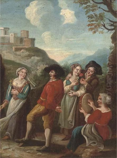 Company Dancing And Courting In A Landscape Oil Painting by Paolo Monaldi