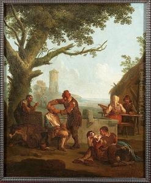 A Barber At Work By A Well With Other Peasants Smoking, Drinking And Playing Music Oil Painting by Paolo Monaldi