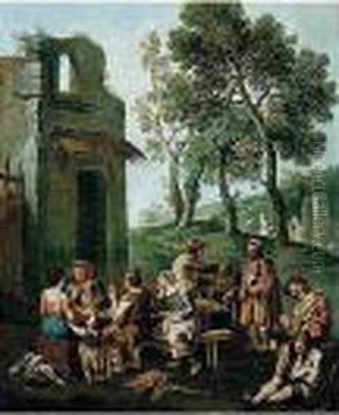 A Landscape With Peasants And 
Beggars Drinking, Smoking, And Singing, Washer-women In The Distance Oil Painting by Paolo Monaldi