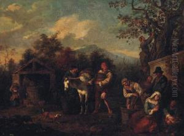 Peasants Harvesting Grapes Oil Painting by Paolo Monaldi