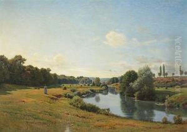 A River Landscape With A Lady On A Path Oil Painting by Jean Ferdinand Monchablon