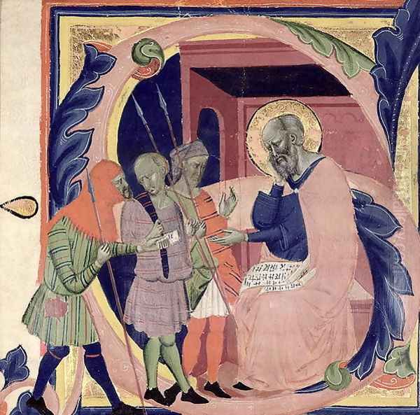 Historiated initial 'S' depicting Job receiving messengers with bad news Oil Painting by Jacopo Del Casentino