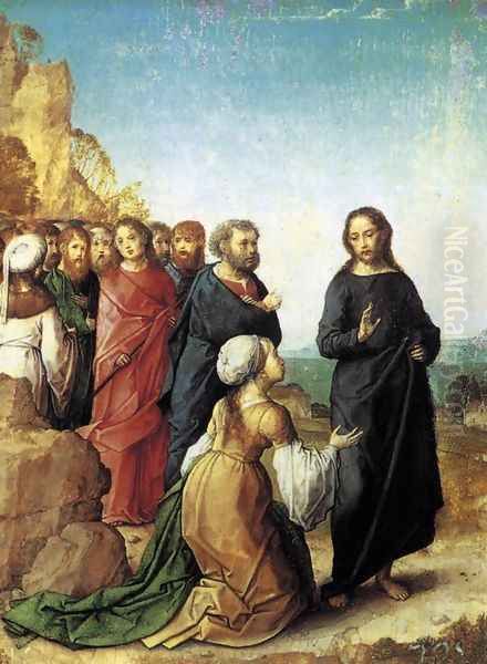 Christ And The Cananite Oil Painting by Juan De Flandes