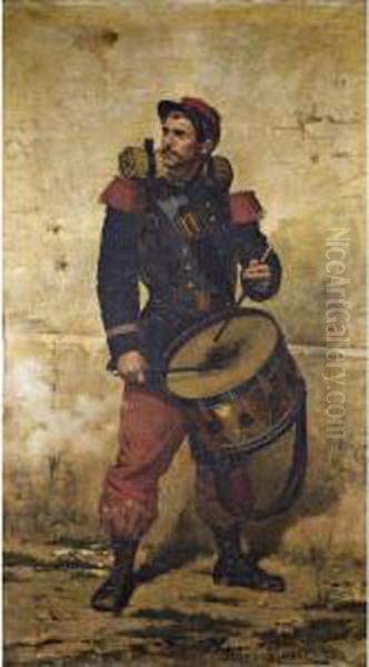 Le Tambour [; The Drummer; Oil On Canvas, Signed And Dated Lower Right 1883] Oil Painting by Jules Monge