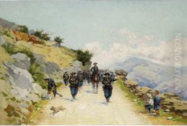 :chasseurs Alpins En Manoeuvre Oil Painting by Jules Monge