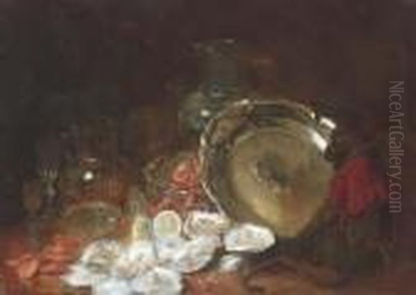 A Monkey Sitting By A Salver, 
Oysters And Shrimps, A Lemon, Variousglass Vessels And Plates On A Table Oil Painting by Charles Monginot