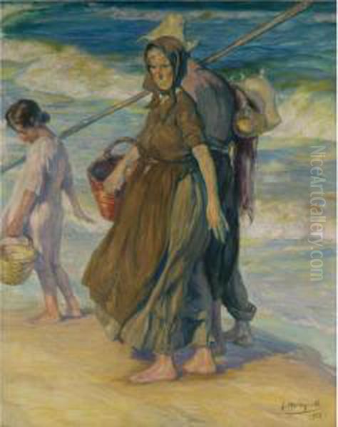 Despues De La Pesca (after The Catch) Oil Painting by Jose Mongrell Torrent