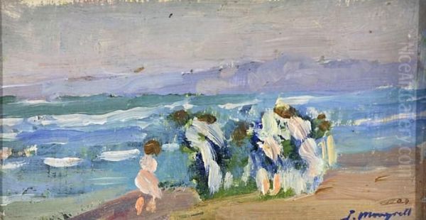 Ninos En La Playa Oil Painting by Jose Mongrell Torrent