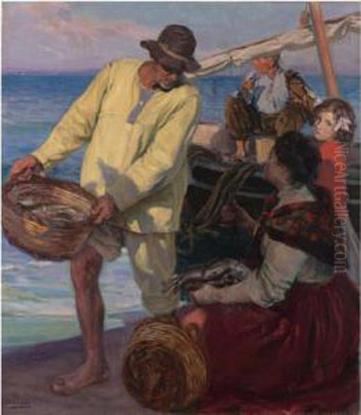 La Vuelta De La Pesca (the Return Of The Fishermen) Oil Painting by Jose Mongrell Torrent