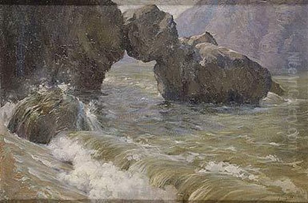 Olas Rompiendo En Las Rocas Oil Painting by Jose Mongrell Torrent