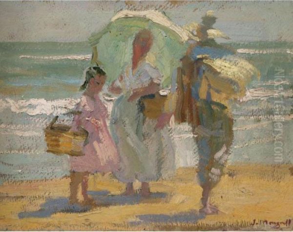 Familia En La Playa (family On The Beach) Oil Painting by Jose Mongrell Torrent