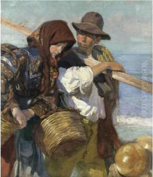 La Vuelta De La Pesca (return From The Catch) Oil Painting by Jose Mongrell Torrent