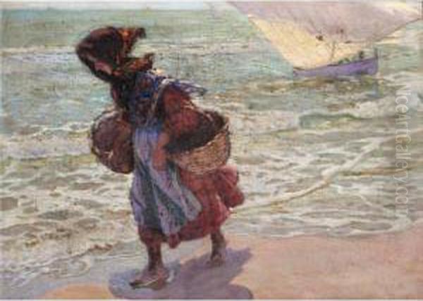 Pescadora En La Playa De Valencia (fisherwoman On Valencia Beach) Oil Painting by Jose Mongrell Torrent