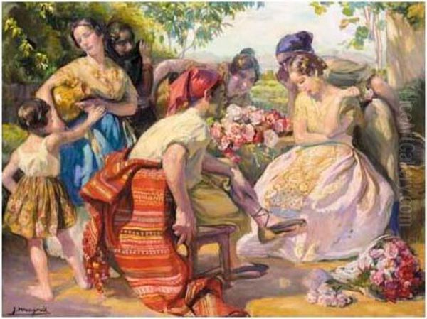 Mujeres Con Flores (women With Flowers) Oil Painting by Jose Mongrell Torrent