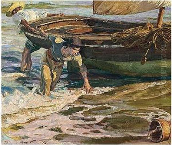 Arrastrando La Barca (beaching The Boat) Oil Painting by Jose Mongrell Torrent