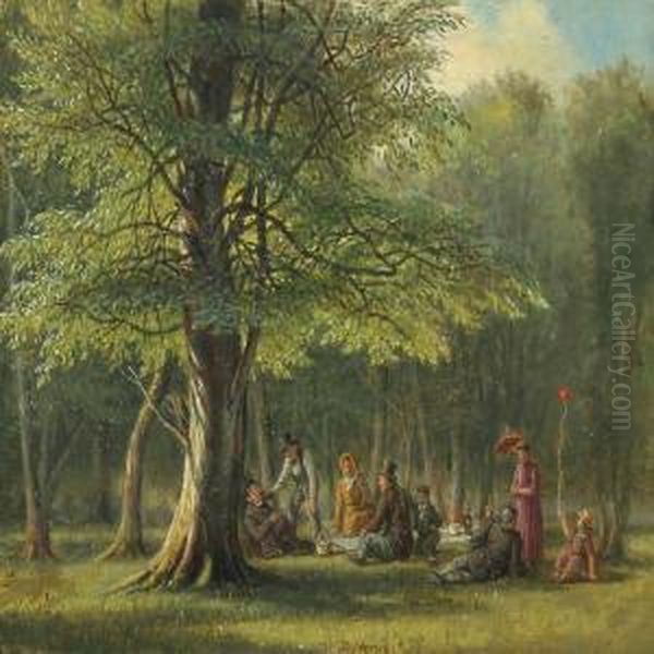 Forest Scenery With Cheerful People Oil Painting by David Monies