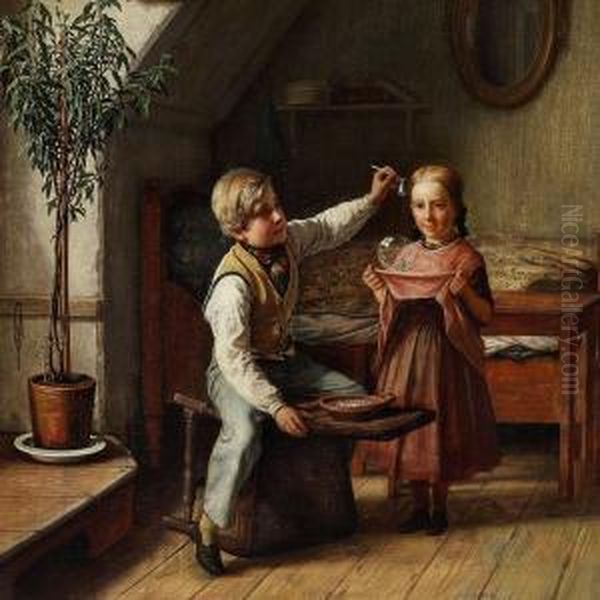 Interior With A Boy And A Girl Blowing Bubbles Oil Painting by David Monies