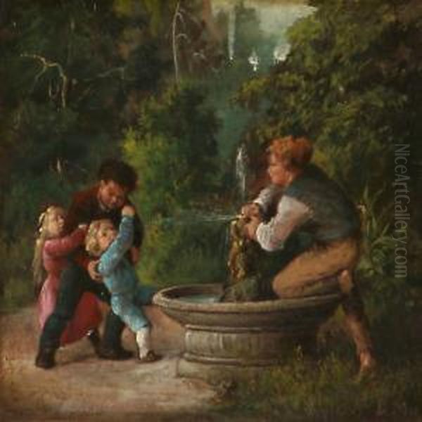 Two Older Boys Tease And Spray Water On Two Smallchildren Oil Painting by David Monies