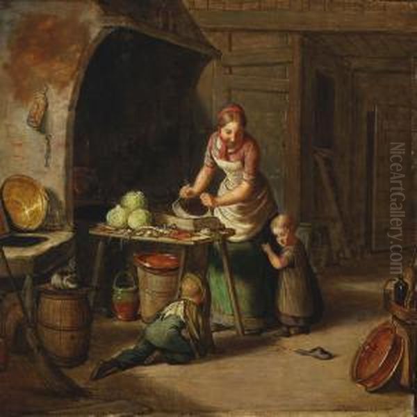 A Mother In The Kitchen While The Children Areplaying Oil Painting by David Monies