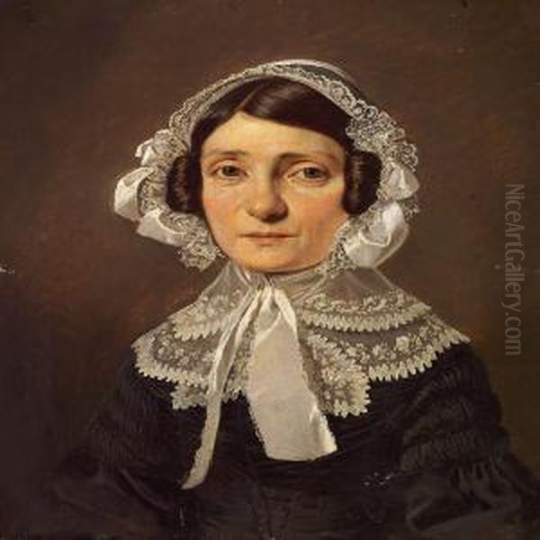 Portrait Of Mrs Eckegreen In A Black Dress With White Collar Andbonnet Oil Painting by David Monies