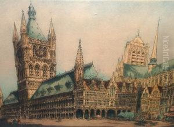 Re -- View Of A European 
Cathedral Square; Etching Printed In Colours, Signed In Pencil, 47x67cm Oil Painting by William Monk