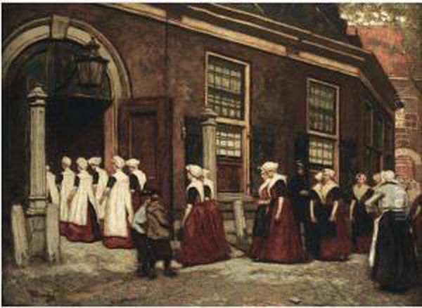 Amsterdam Orphan Girls Entering The Orphanage Hetburgerweeshuis Oil Painting by Martin Monnickendam