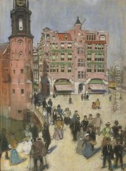 A Sunny Day With Figures On The Muntplein, Amsterdam Oil Painting by Martin Monnickendam