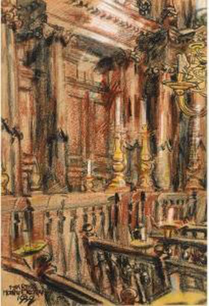 A Streetscene; A Synagogue Interior Oil Painting by Martin Monnickendam