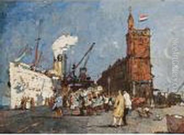 An Ocean Steamer In Harbour And Figures On Quay Oil Painting by Martin Monnickendam