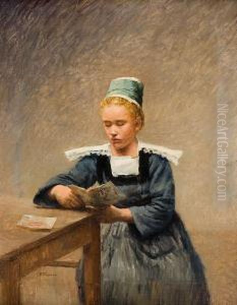 Paysanne Lisant Une Lettre Oil Painting by Henri Bonaventure Monnier