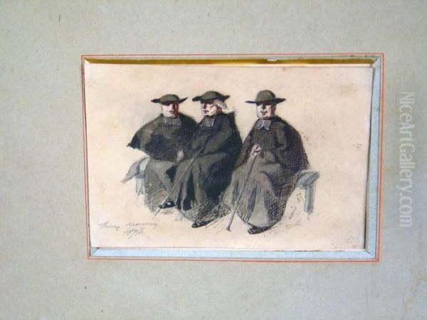 Etude De Trois Ecclesiastiques Assis Oil Painting by Henri Bonaventure Monnier