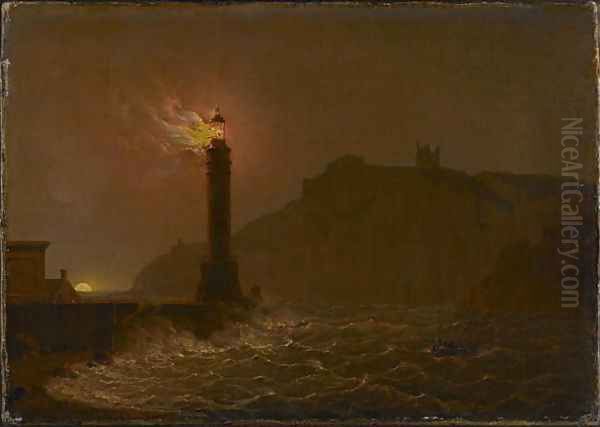 A Lighthouse on fire at night Oil Painting by Josepf Wright Of Derby