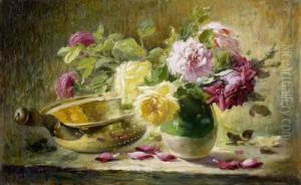 Stillleben Mit Rosen Und Messingsieb. Oil Painting by Maurice Louis Monnot